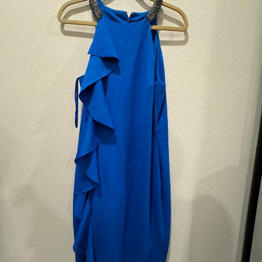 Ralph Lauren Size 16 Ruffled Cocktail Sheath Beaded Halter Dress PORTUGUESE BLUE - Picture 11 of 12